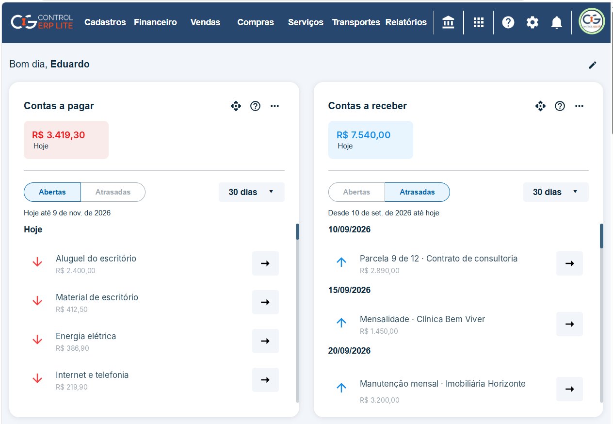 Painel do Control ERP Lite com contas a pagar e a receber